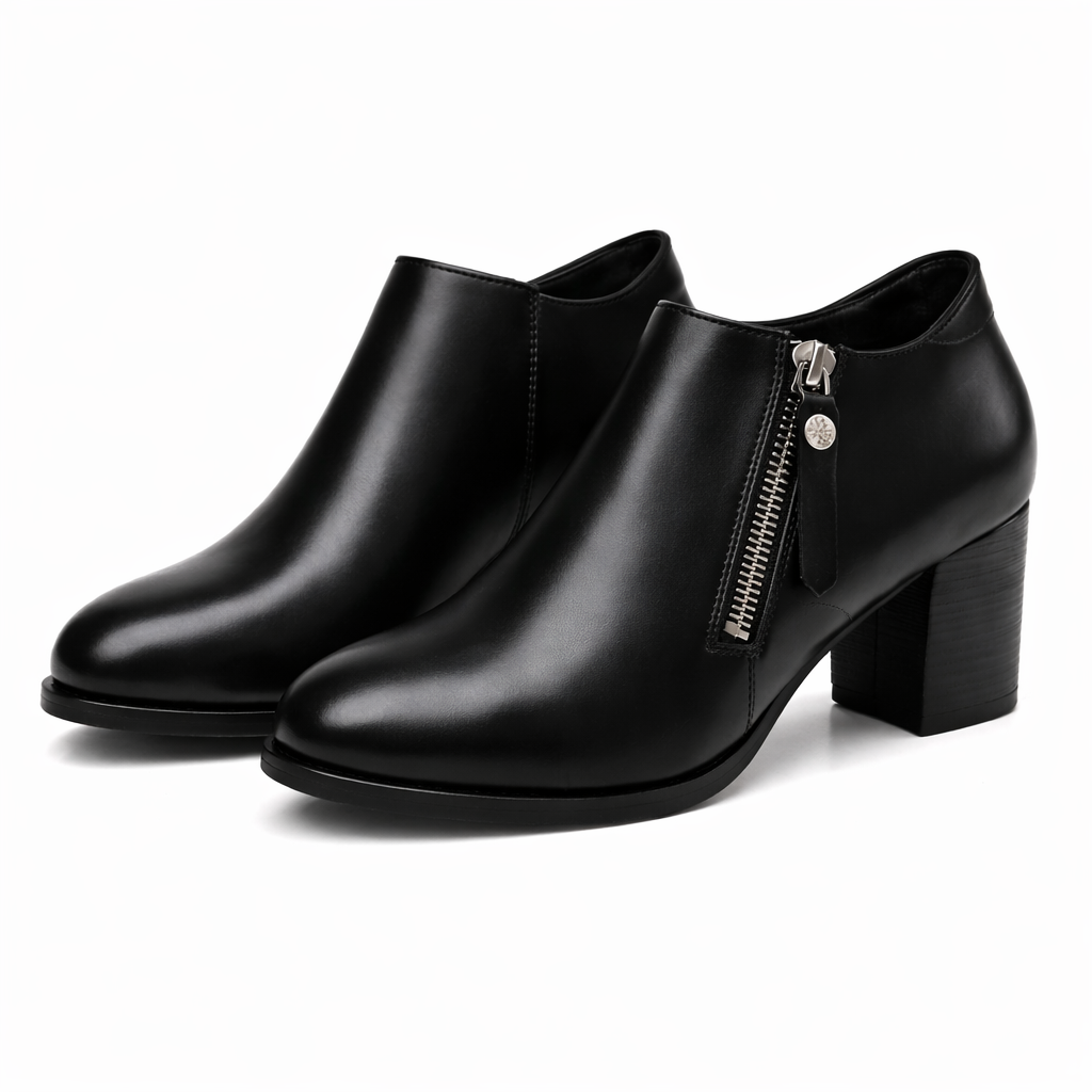 Savina Genuine Leather Zip Heels