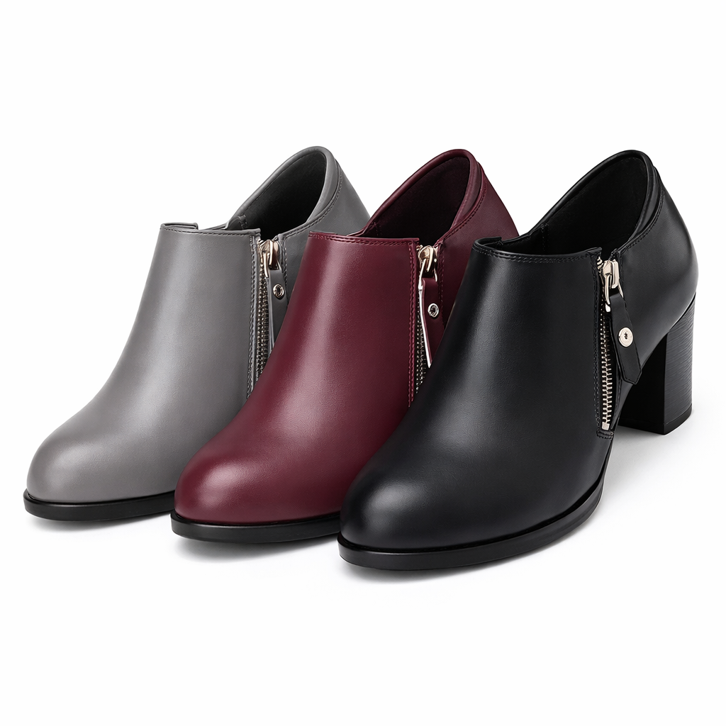 Savina Genuine Leather Zip Heels