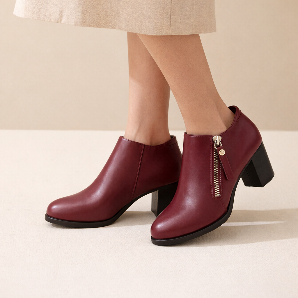 Savina Genuine Leather Zip Heels