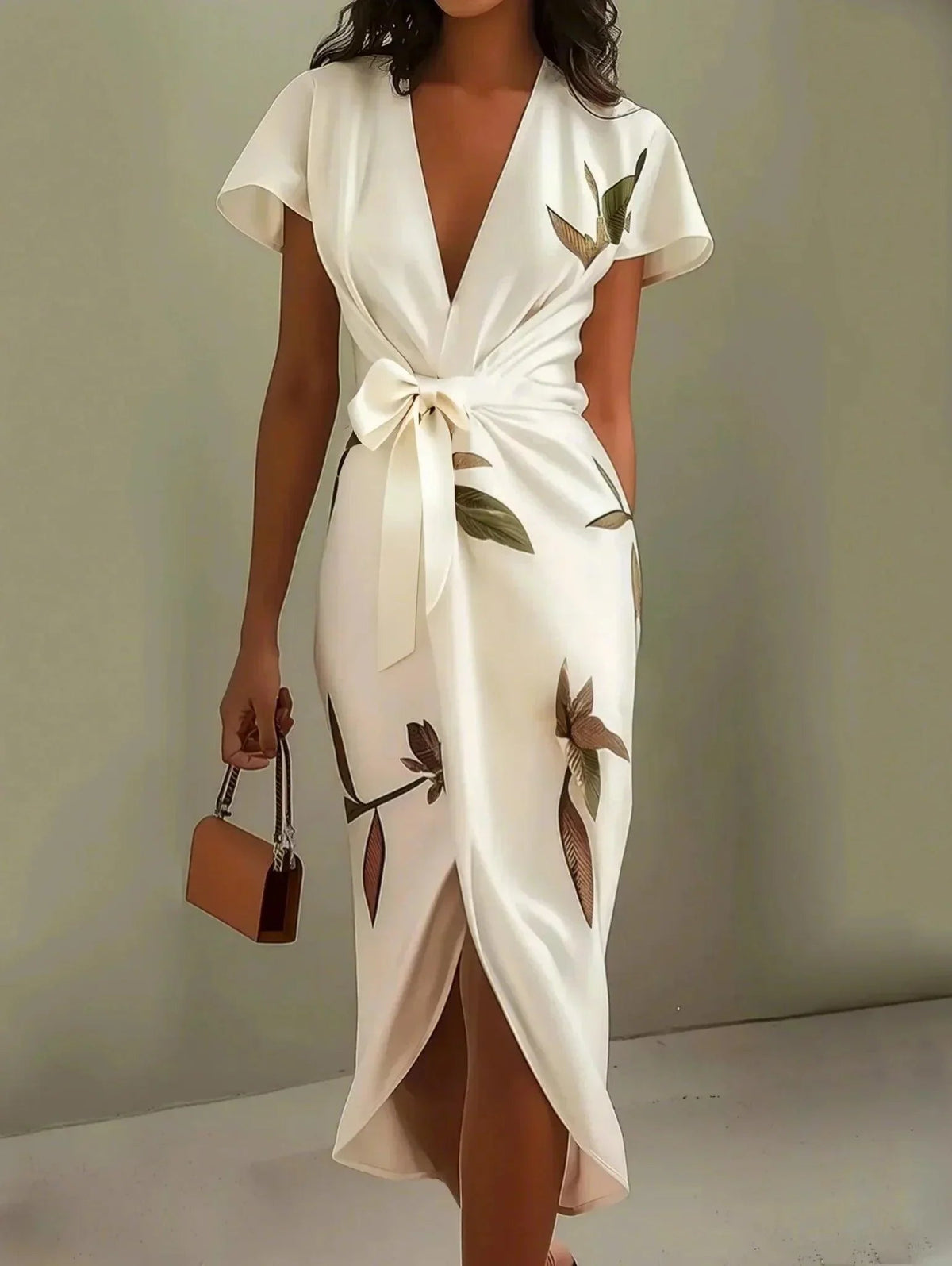 Leaf Print Wrap Midi Dress – Women's Summer Dress