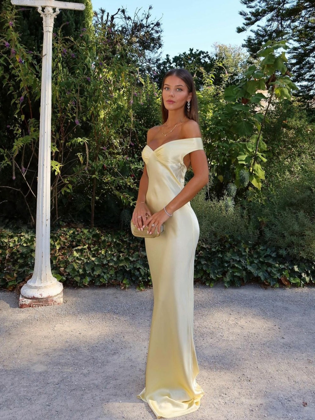 Lace Off-Shoulder Satin Maxi Dress – Women's Evening Dress