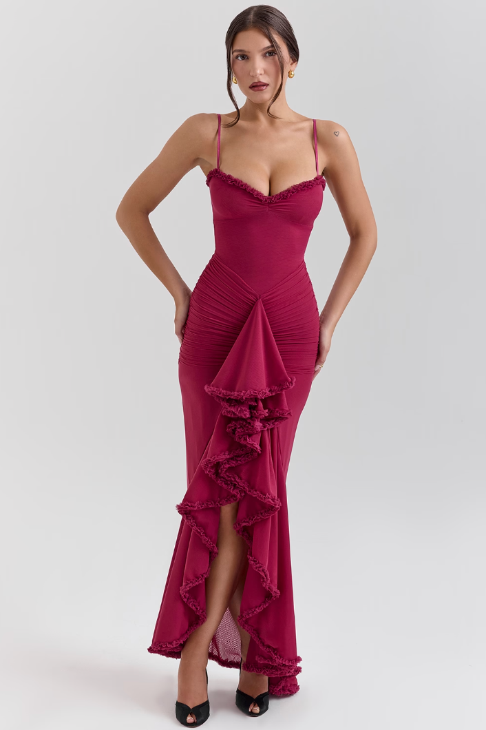 Lace Ruched Maxi Dress – Women's Evening Dress
