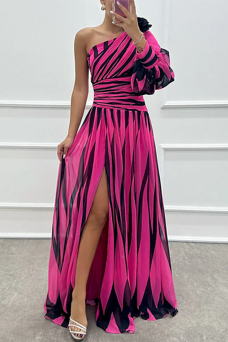 Striped One-Shoulder Maxi Dress – Women's Evening Dress