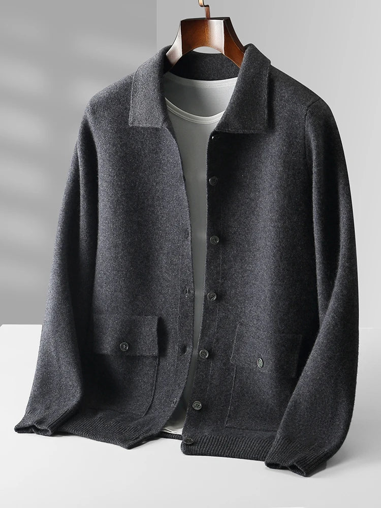 Calvaro Merino Wool Polo Cardigan Sweater