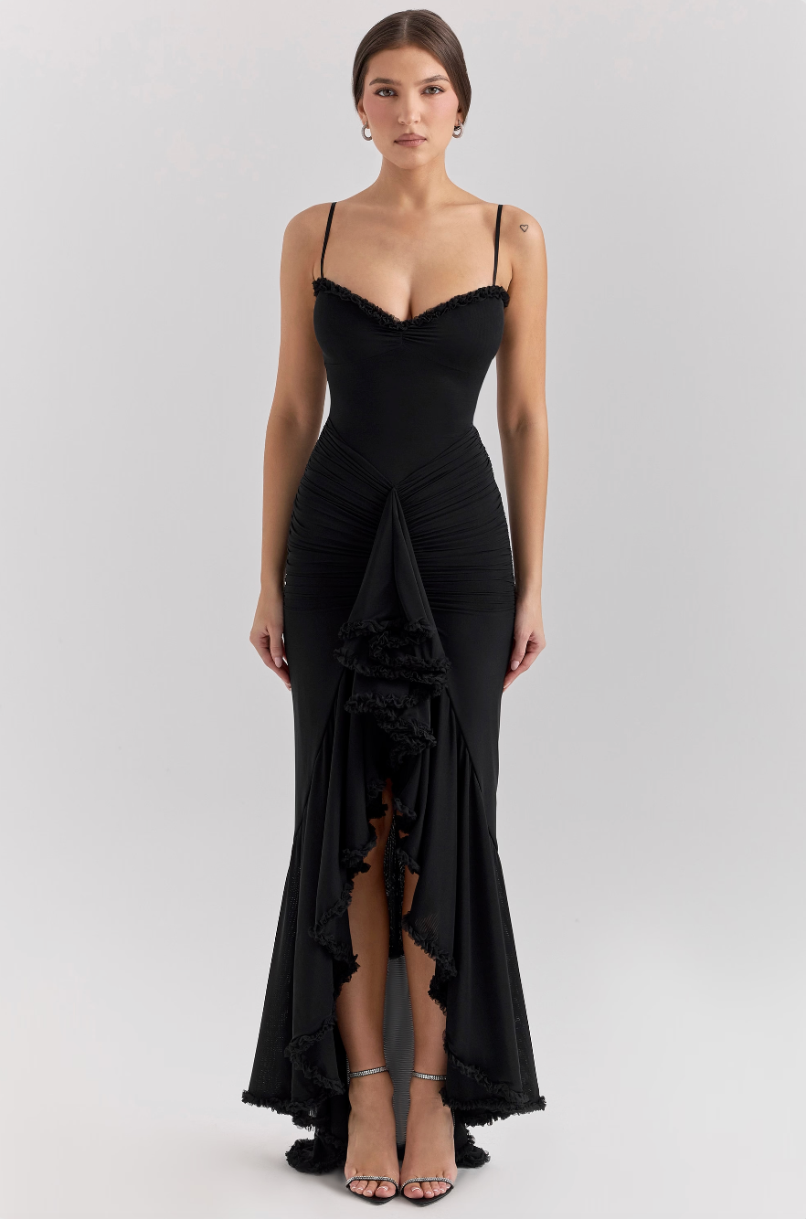 Lace Ruched Maxi Dress – Women's Evening Dress