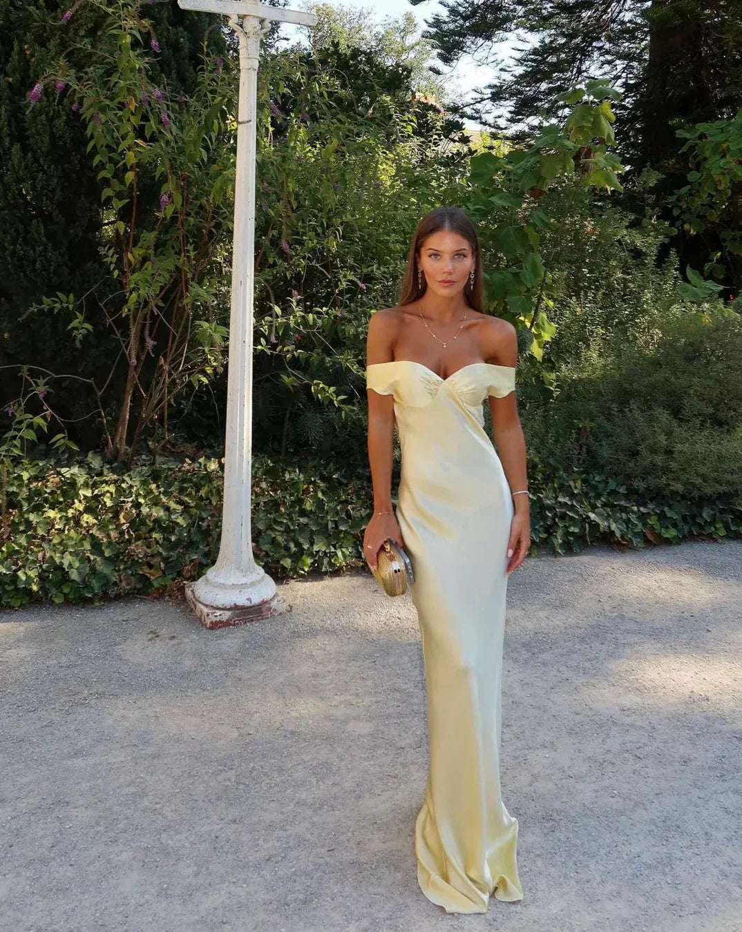 Lace Off-Shoulder Satin Maxi Dress – Women's Evening Dress