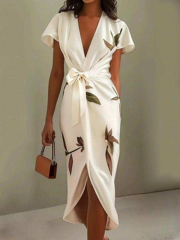 Leaf Print Wrap Midi Dress – Women's Summer Dress