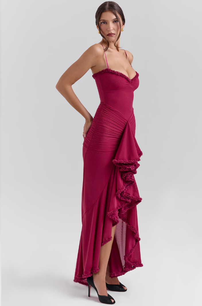 Lace Ruched Maxi Dress – Women's Evening Dress